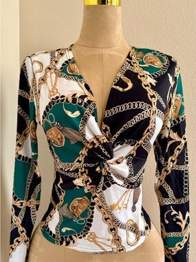 Knot-Front Chain Print Long-Sleeve Dress - Green/Black/White